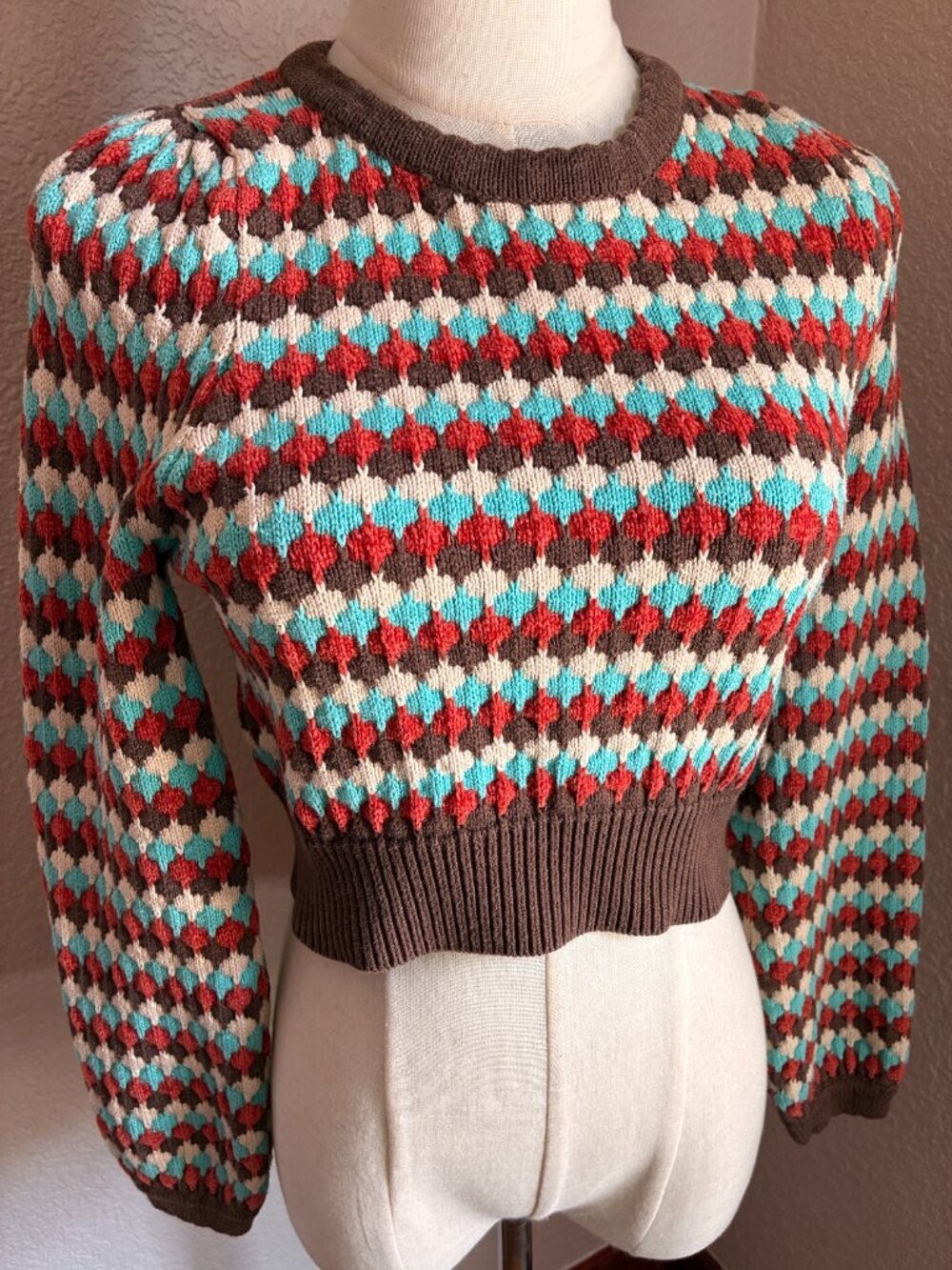 Cider Retro Geometric Knit Cropped Sweater | Size Small | 40s Inspired Pullover