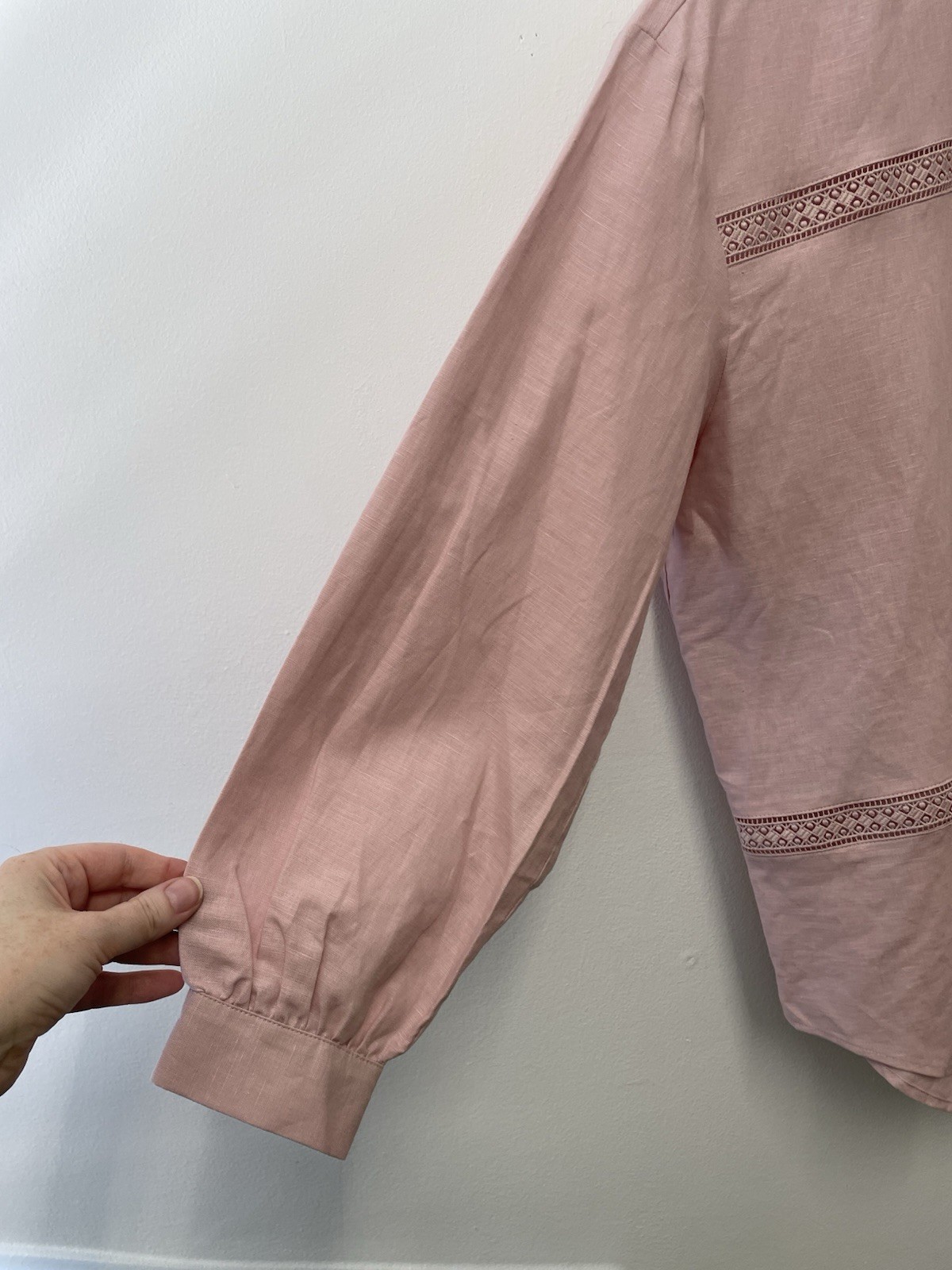 M&S Oversized Linen Rich Collared Lace Insert Shirt Size 10 Pink Shell Flax Mix