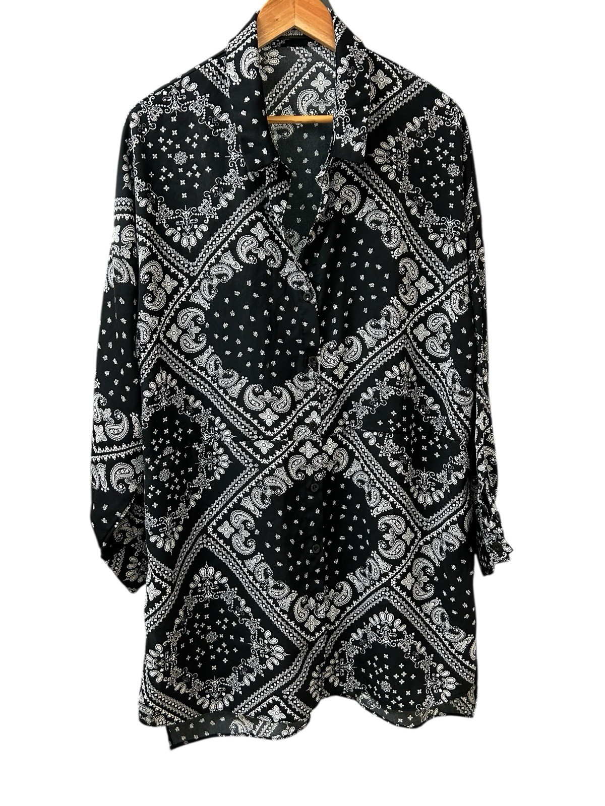 Missguided Oversized Paisley Button Shirt Size 10 Black White Long Top