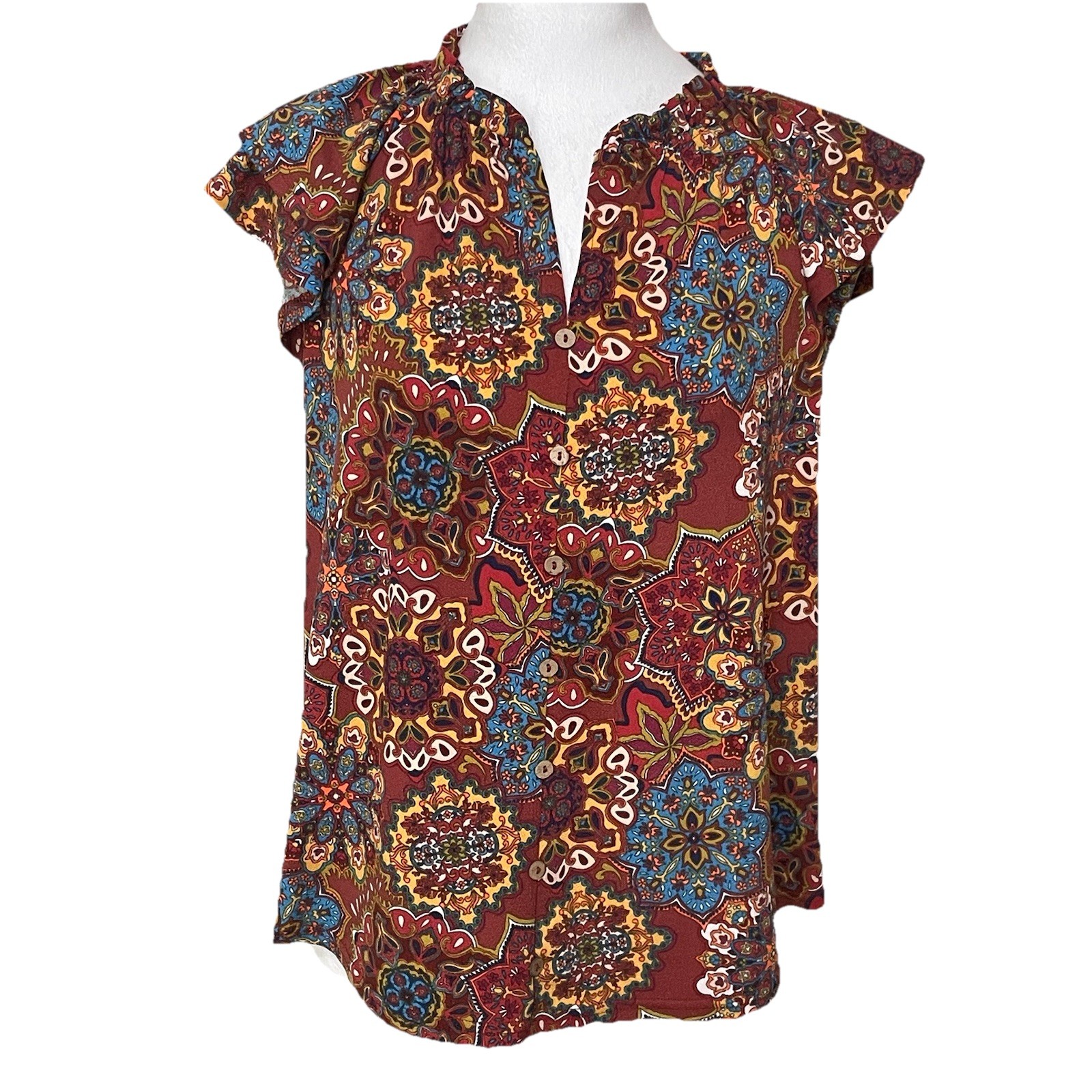 Flower & Feather Top Ruffled Sleeve Blouse Boho Beach Button Detail Women’s Sz M