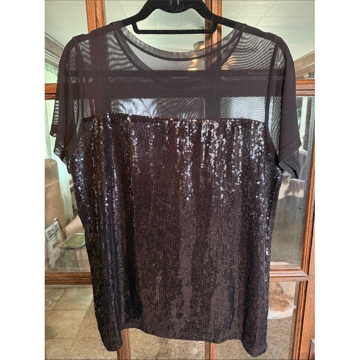 Ruby Ribbon Womens Black Sequin Mesh Yoke Short Sleeve Top Blouse Large Shimmer