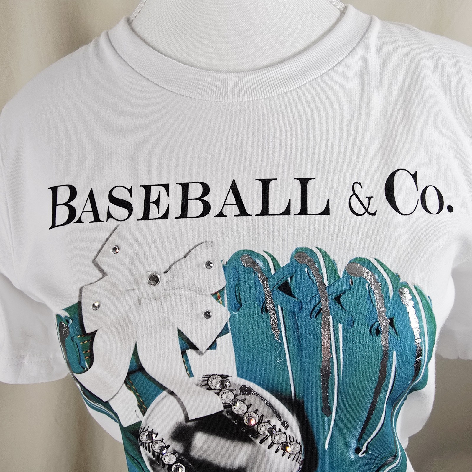 Baseball & Co Womens Graphic T Shirt Size L White Tee Rhinestone Softball Glove