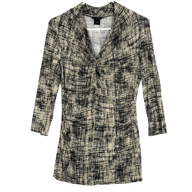 Ann Taylor Womens Black White Abstract Crosshatch Surplice 3/4 Sleeve Top M
