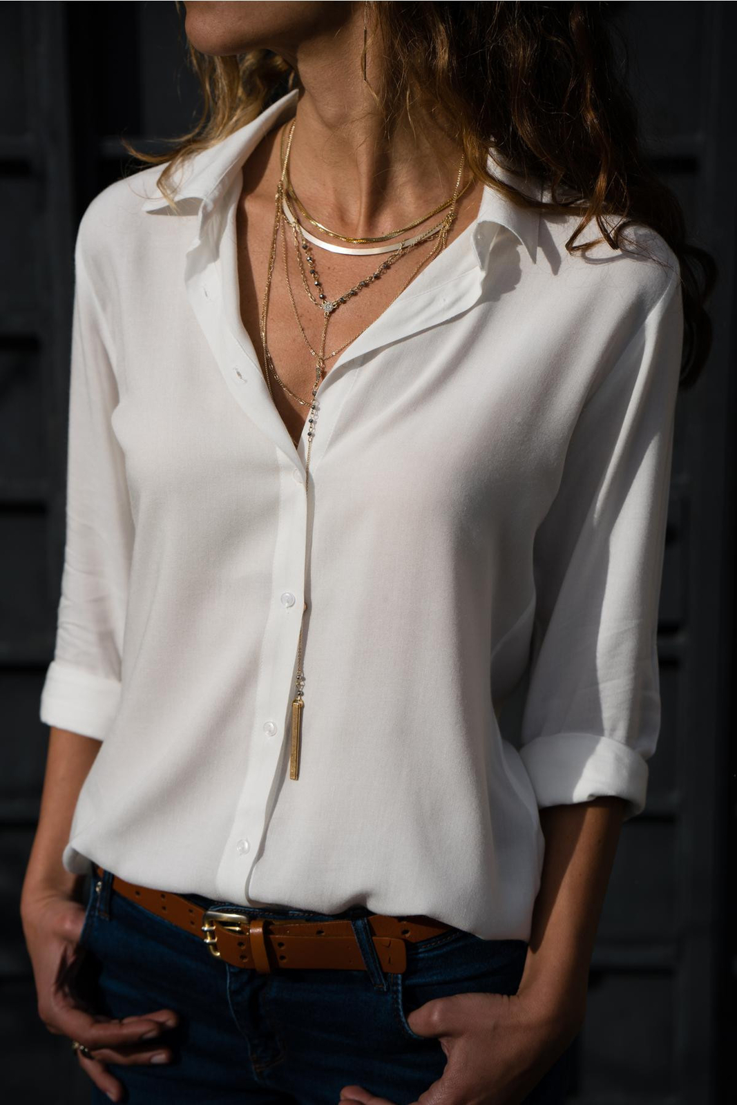 Spring/Summer Women’s Solid Color Casual Long Sleeve Deep V Button Chiffon Shirt