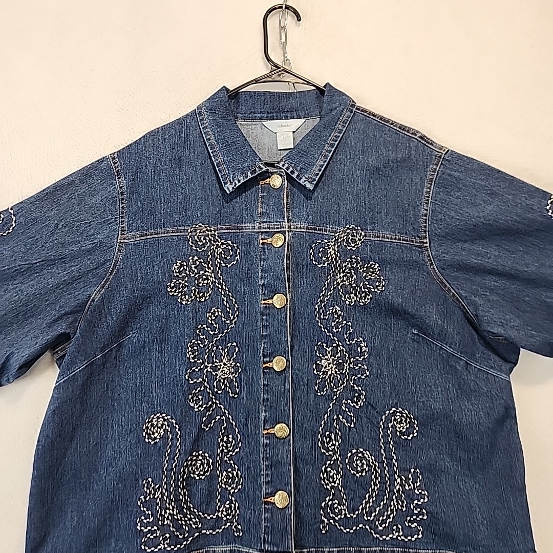 CJ Banks Women’s 2X Denim Embroidered Button Up Shirt Jacket 90s Y2K Mid Length