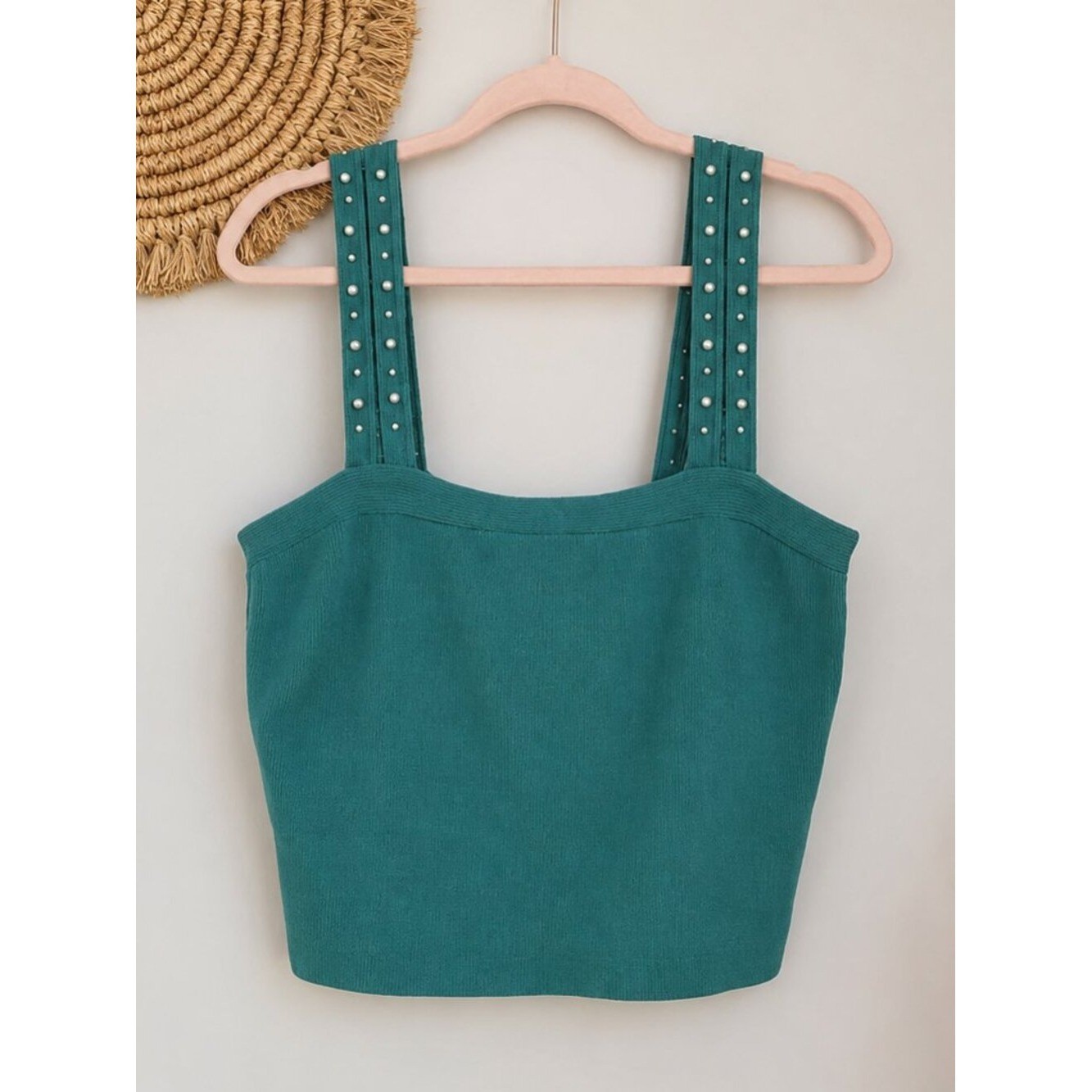 Sandro Omel Jade Green Pearl Embellished Ponte Knit Cropped Top US SZ Large (4)