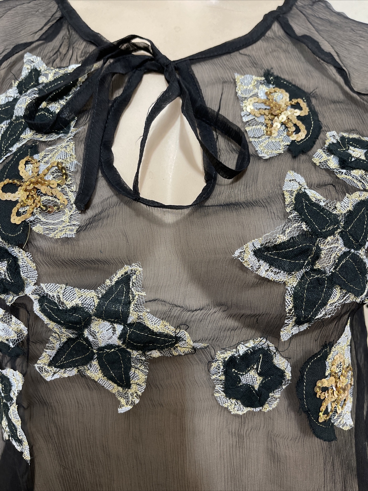 Women’s Black Silk Casual Summer Sheer Beaded Embroidered Lace Size M Blouse Top