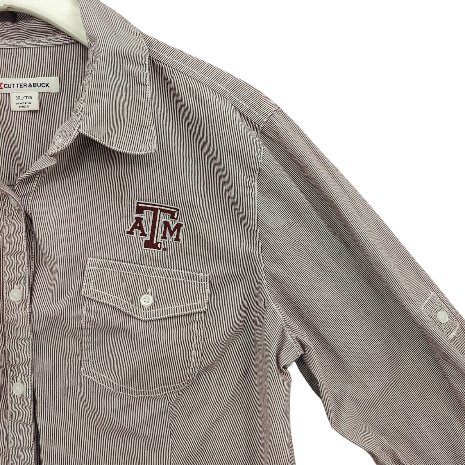 Texas A&M ATM Cutter & Buck Womens Cotton Striped Button Up Shirt XL Burgundy
