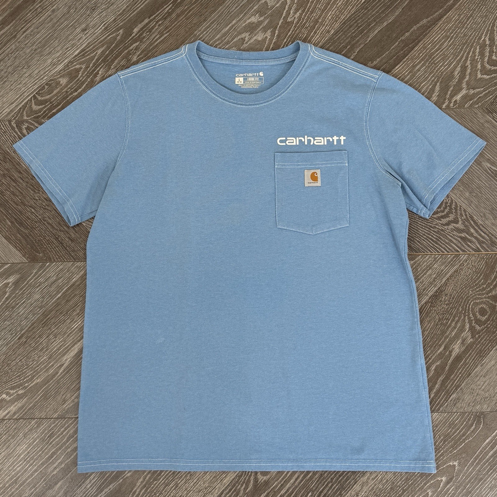 Carhartt Heavyweight Pocket Graphic T-shirt Size L 12-14 Heather Lagoon Blue
