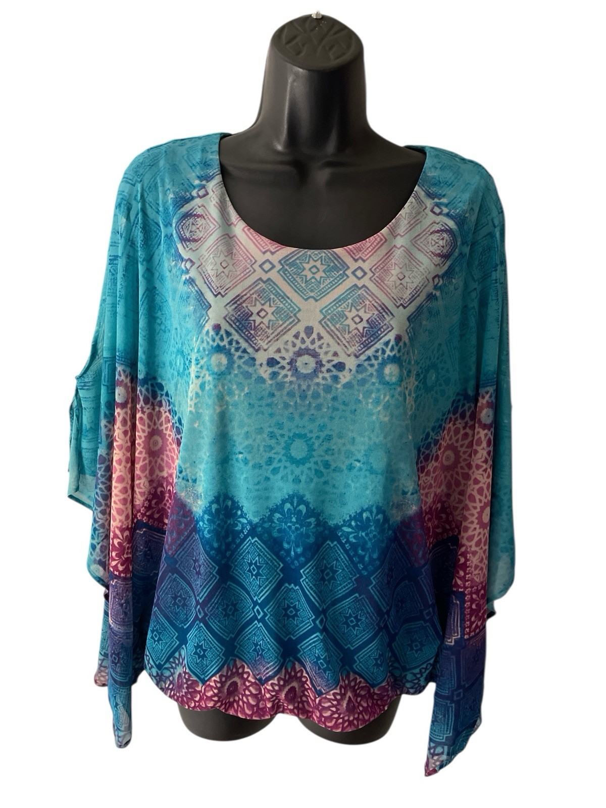 Chicos Top Womens L Stretch Poncho Tunic Mesh Lined Slit Kimono Sleeves Blouson