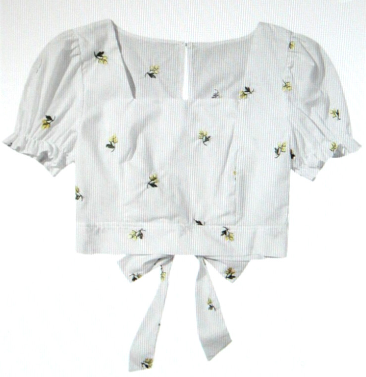 Shein Womens Floral Embroidery Puff Short Sleeve Cut Out Tie Back Crop Top L Wht