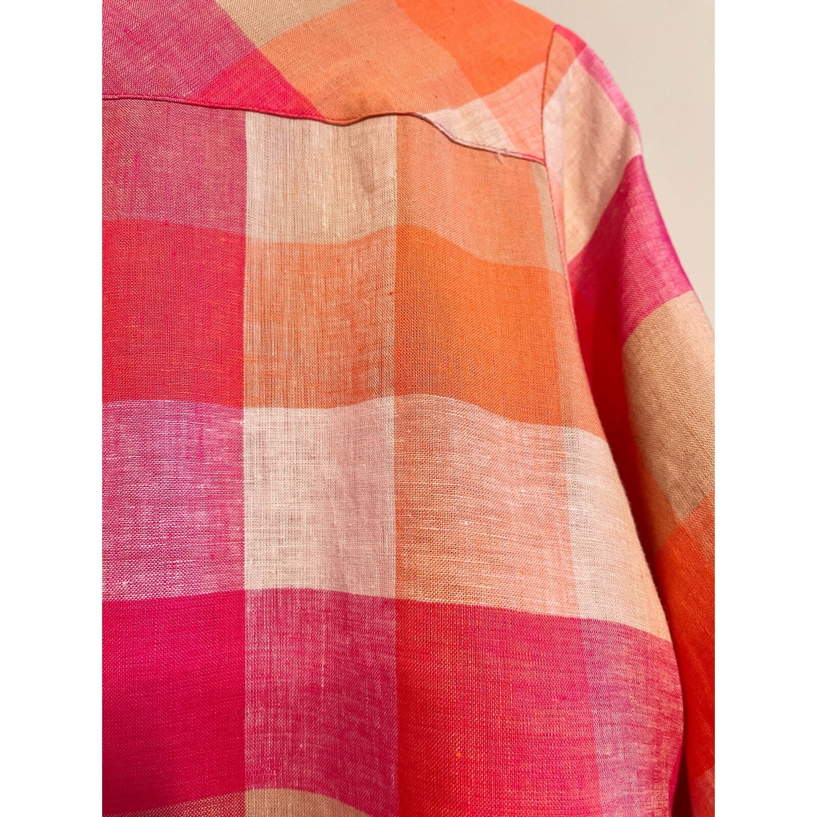 Foxcroft Easy Care Linen Tamara Check Top in Pink and Orange Petite 14