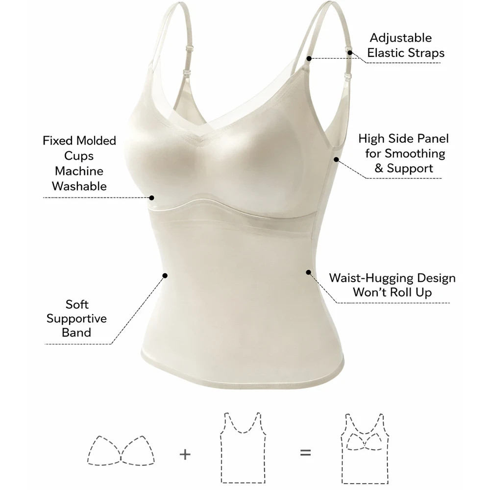 Satin V-Neck Camisole with Built-In Bra | Backless Sleeveless Tank Top