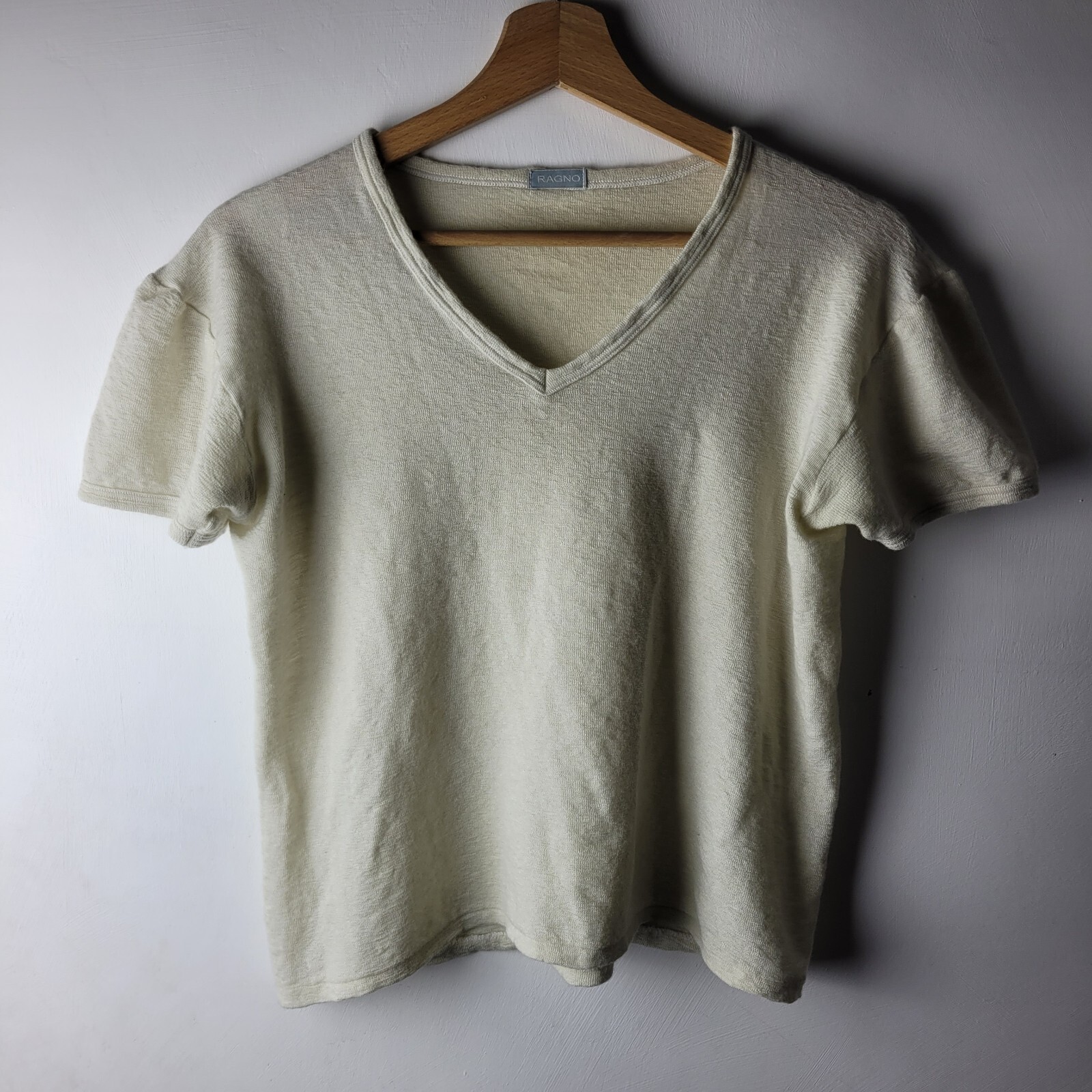 Ragno Women Size 38 Ivory 100% Wool Boxy V-Neck T-shirt Top Base Casual Relaxed