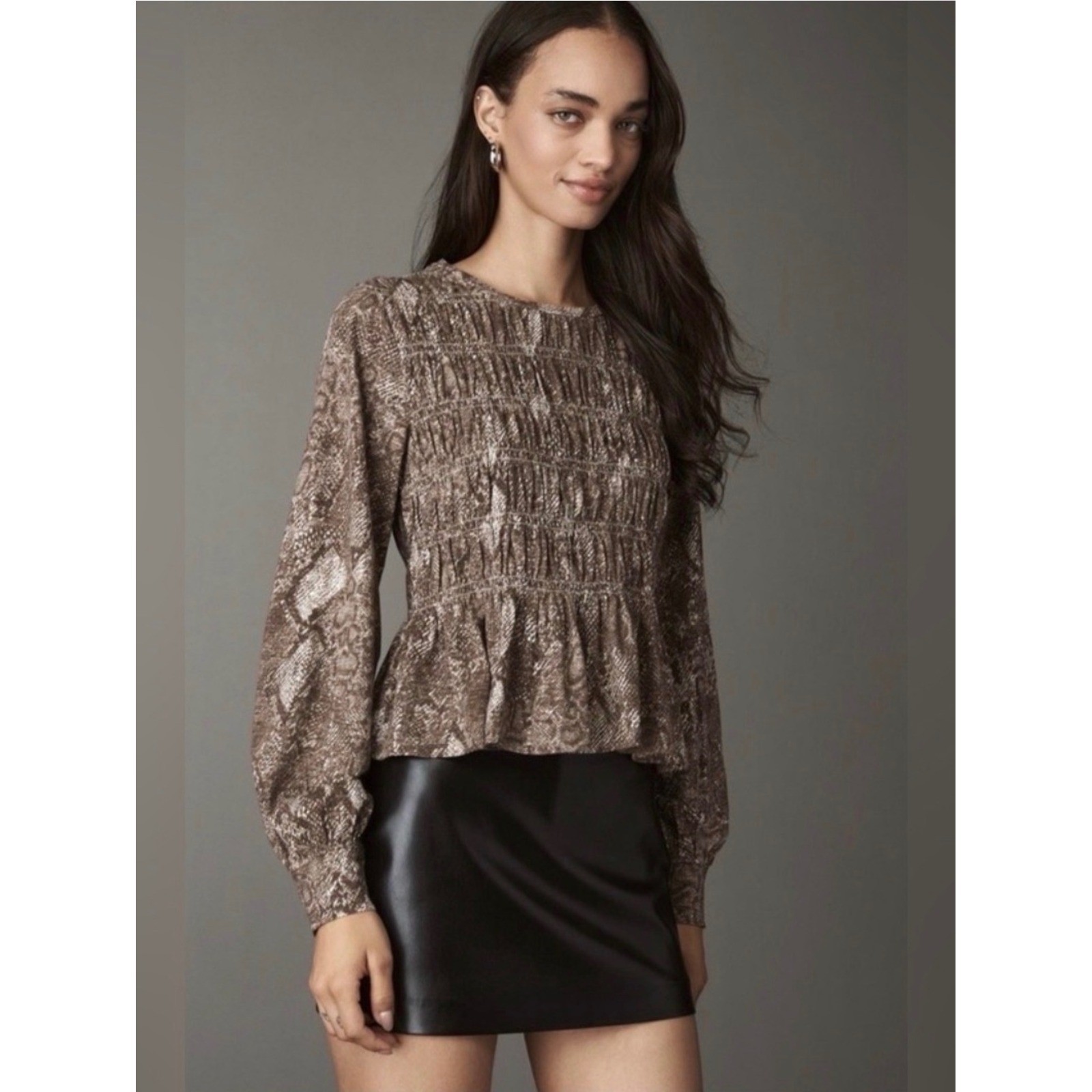 Anthropologie Pilcro Smocked Snake Print Peplum Blouse Long Sleeve Brown Medium