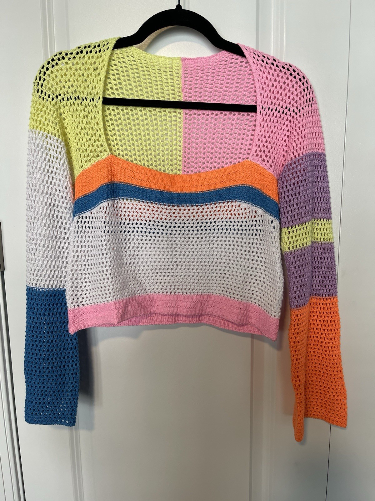 Crochet Colorblock SZ M Square Neck Cropped Top Rave Festival Boho Retro Hippie