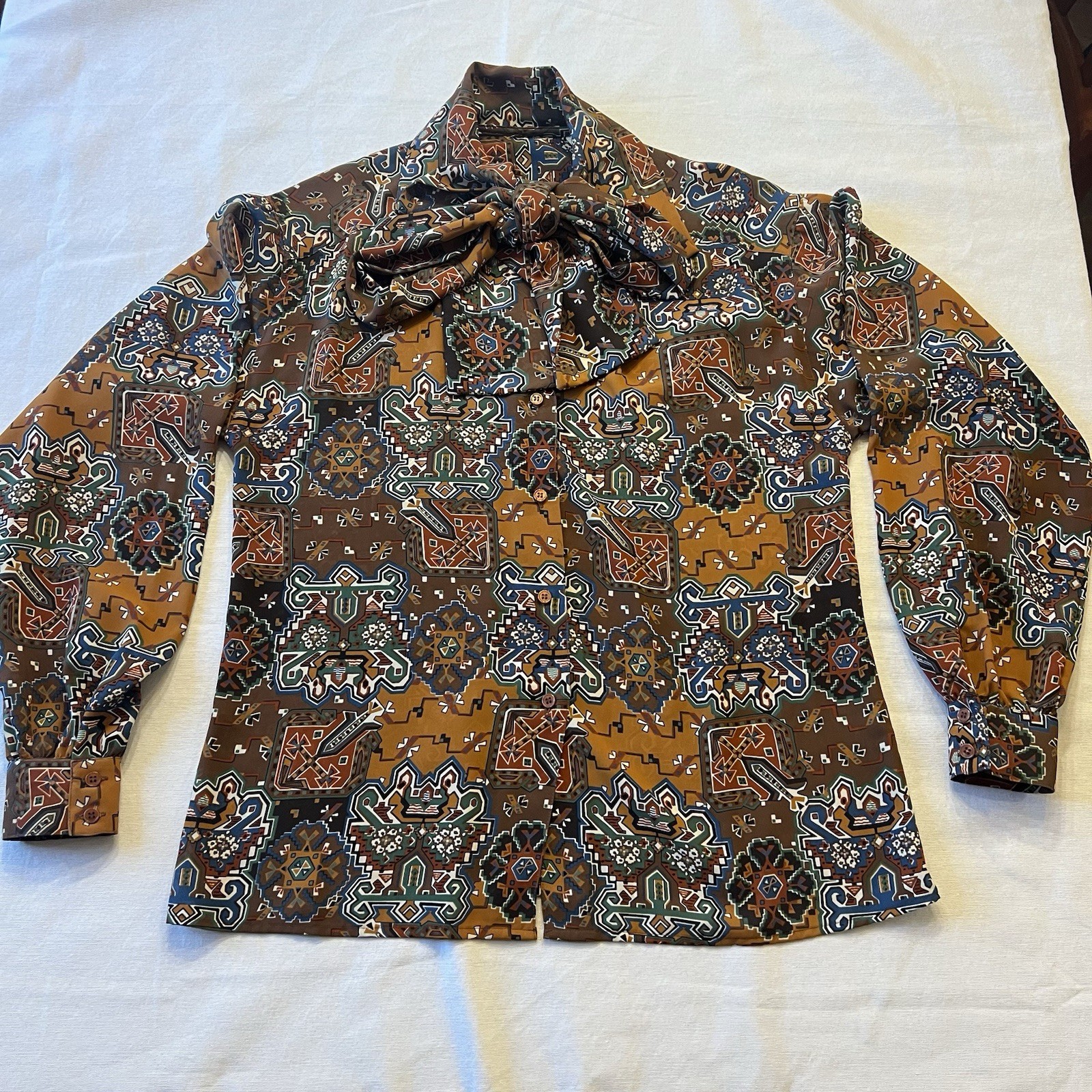 Vintage Style 70’s Sash Tie Neck Blouse Women’s Size 4 Geometric Secretary Brown