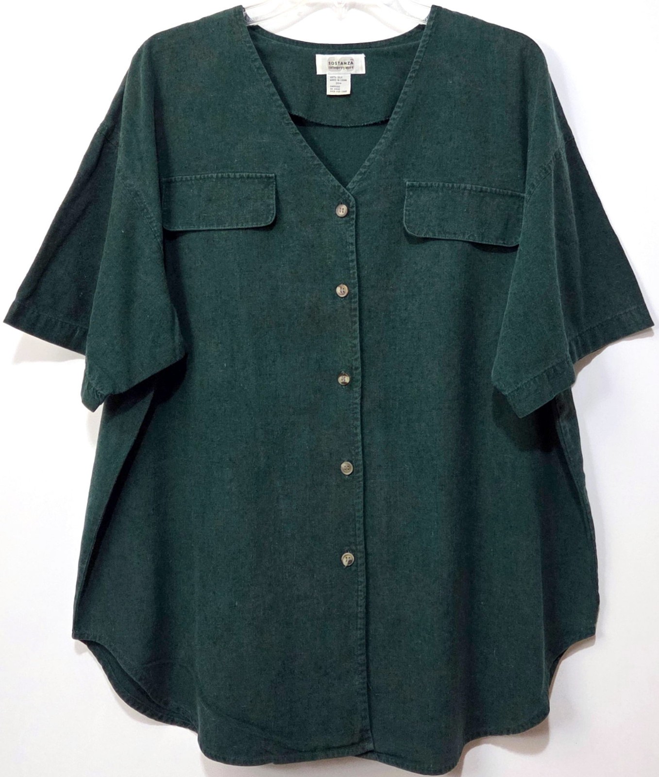 Sostanza Blouse Short Sleeve Button Up V-Neck Faux Pockets 100% Silk Size 20W