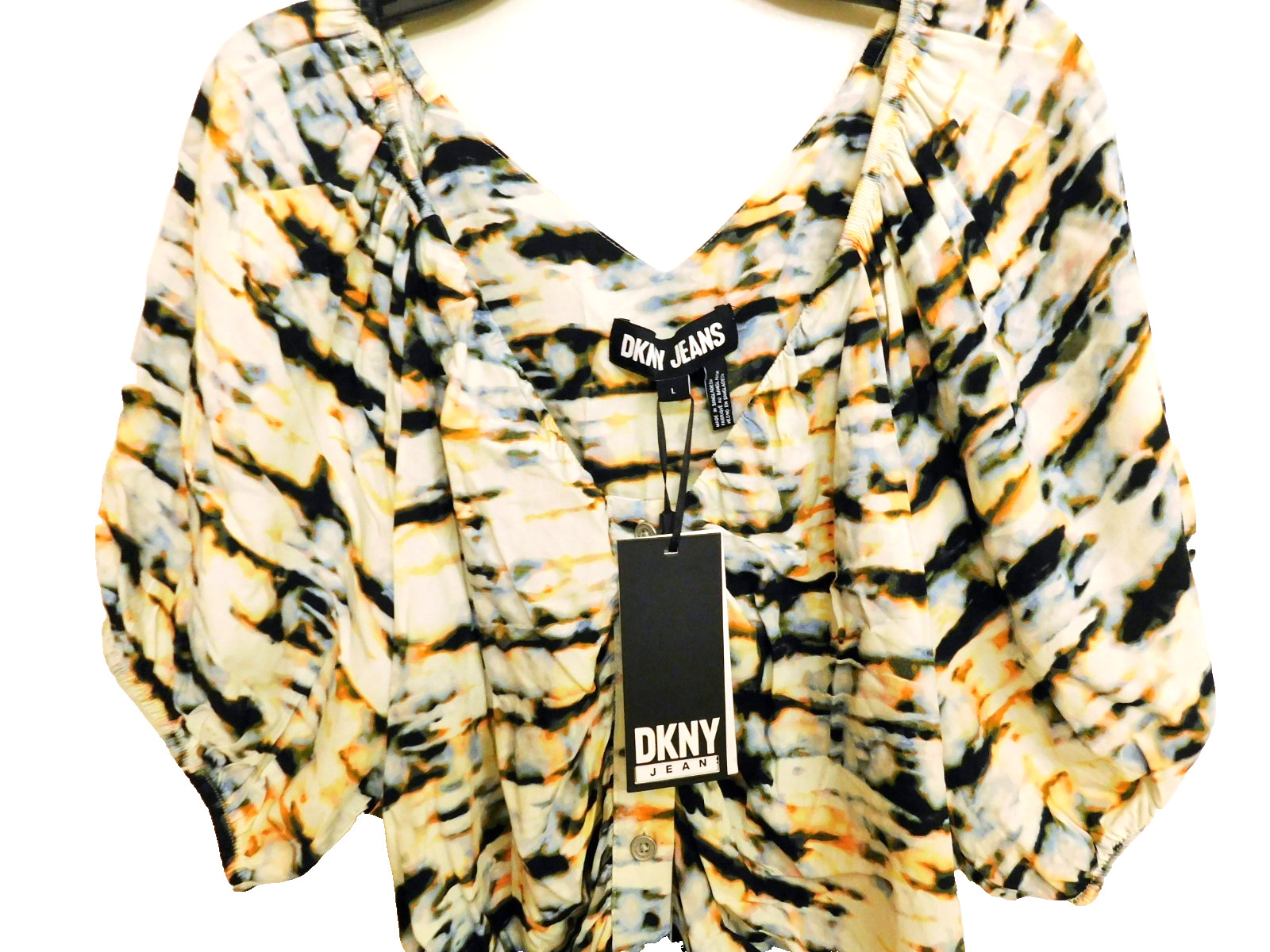 DKNY Jeans Women’s White Multicolor Tie-Dye Ruched Button Up Top NWT Size Large
