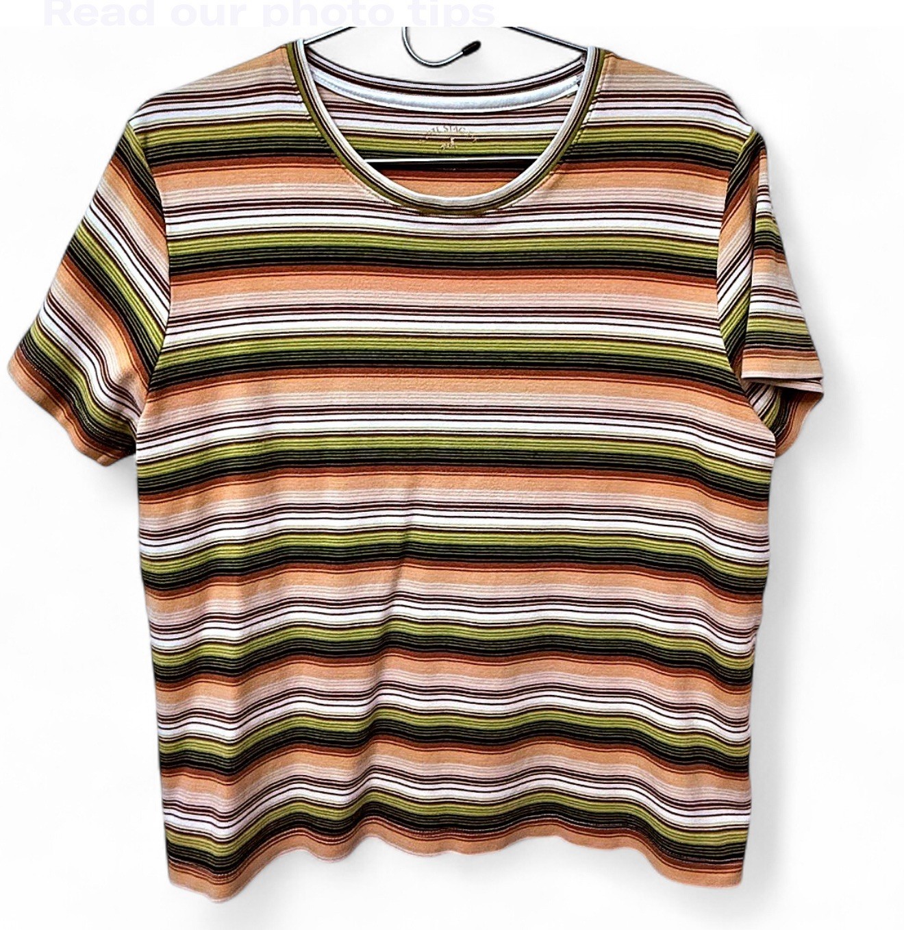 MULTICOLOR STRIPED ROUND NECK T-SHIRT, SIZE XL, CHEST 43″, LENGTH 23″