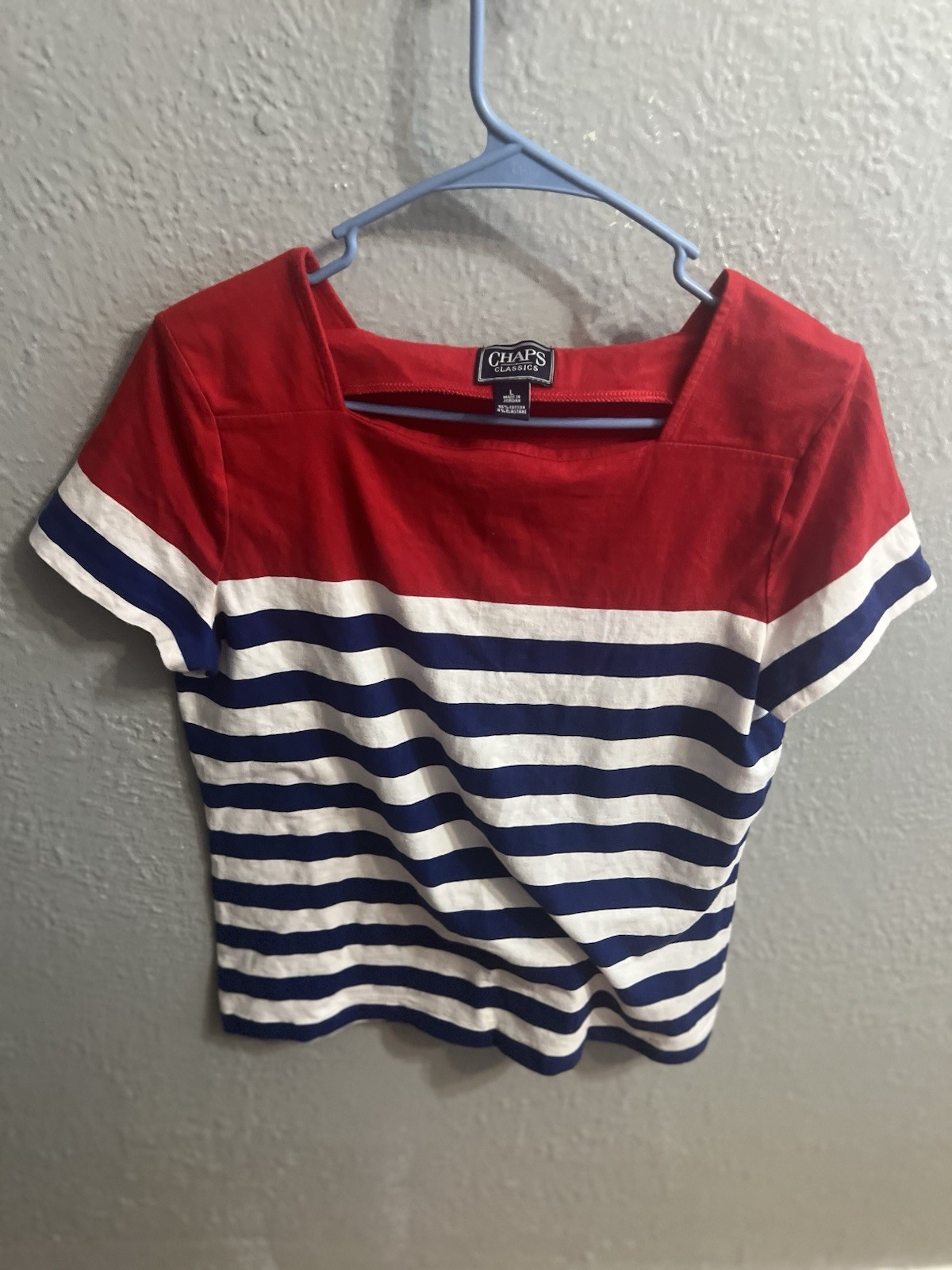 Chaps Shirt Womens Blue Red White Striped Top Size Large Cropped