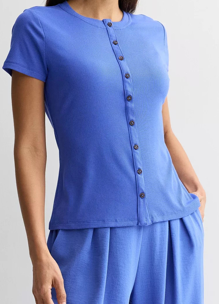 Nine West Women’s Nicole Blue Ribbed SS Button (WW6SKO54RS) – Sizes L/XL/XXL