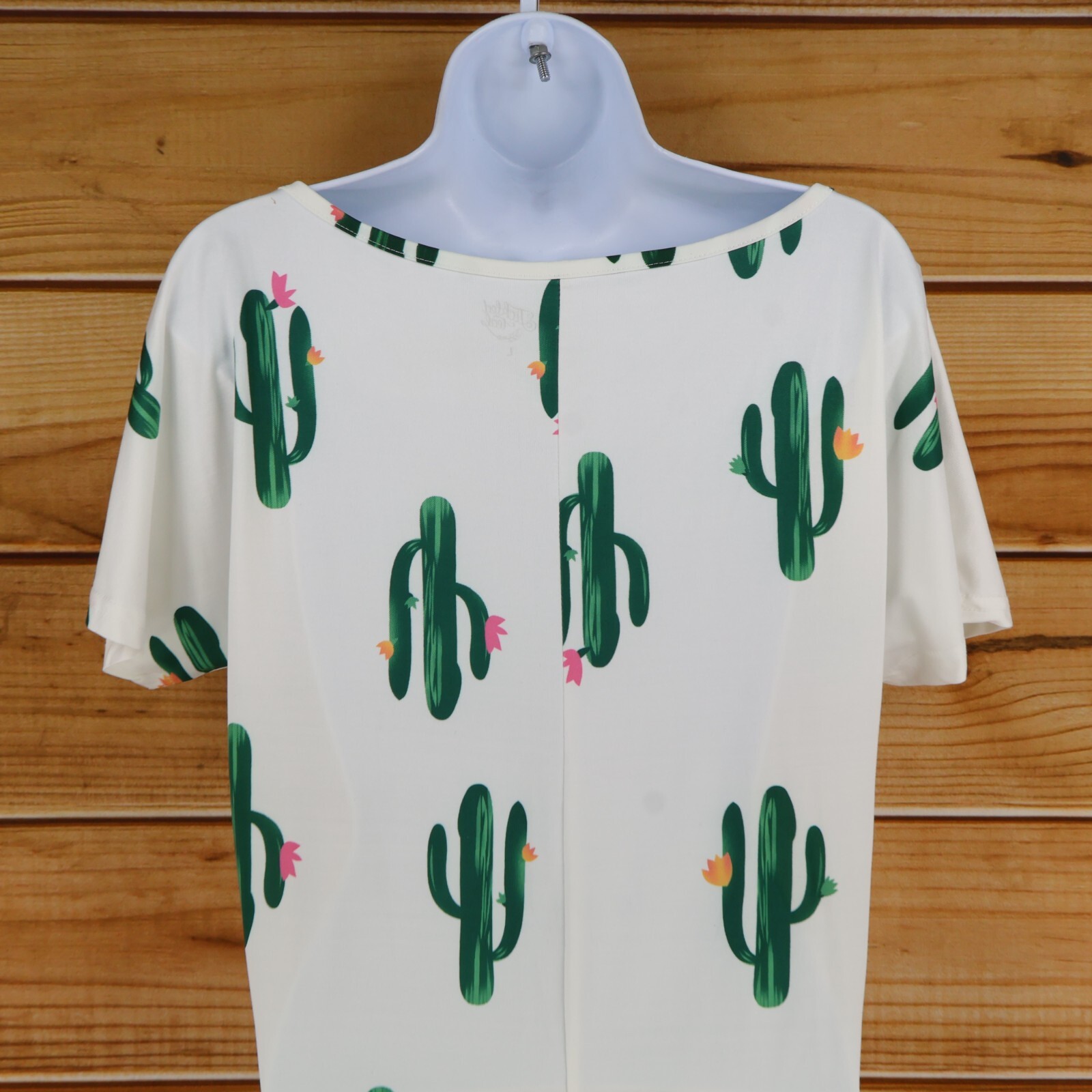 Tickled Teal Short Sleeve Shirt Womens Size L White Cactus Stretch V-Neck Soft