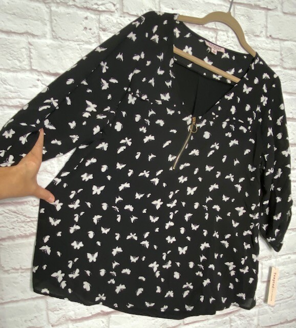 XL/1X/2X/3X New Black White Butterfly Graphic Print Stretchy Blouse Shirt Top