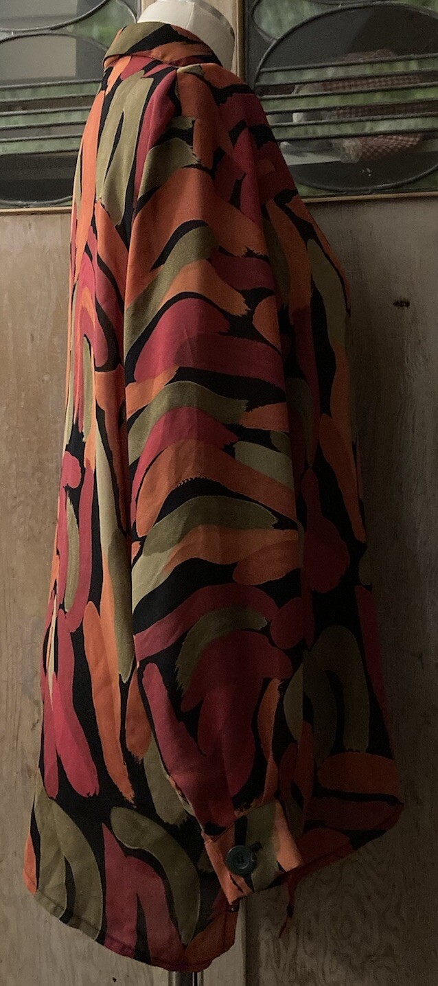 Thelma Fewo Paris Crepe Silk Semi-Sheer Blouson Shirt T-2 (S) Abstract MOD EUC