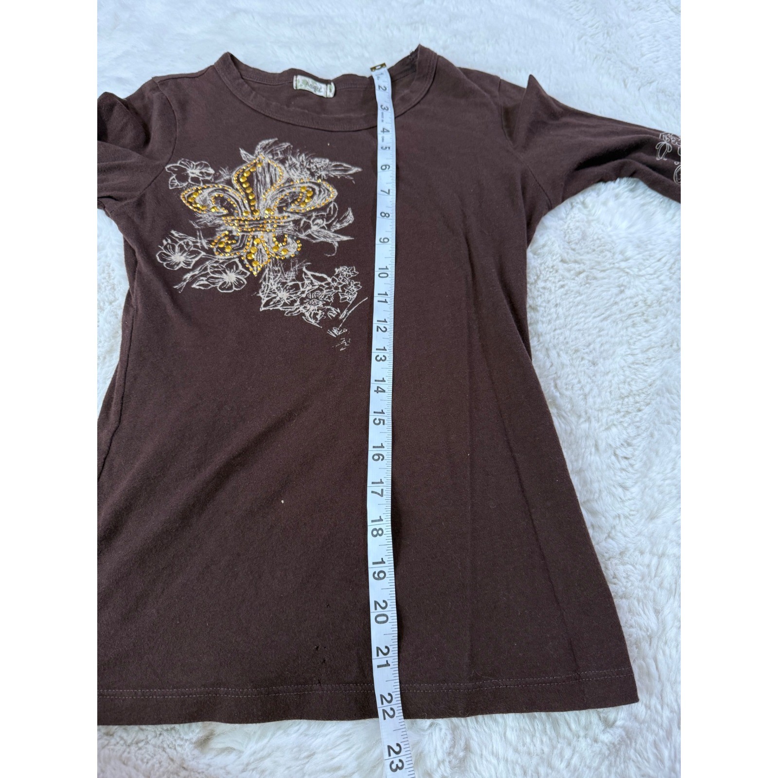 Angel Y2K Shirt Brown Fleur De Lis Rhinestone 2000s Fairycore Grunge Bling S