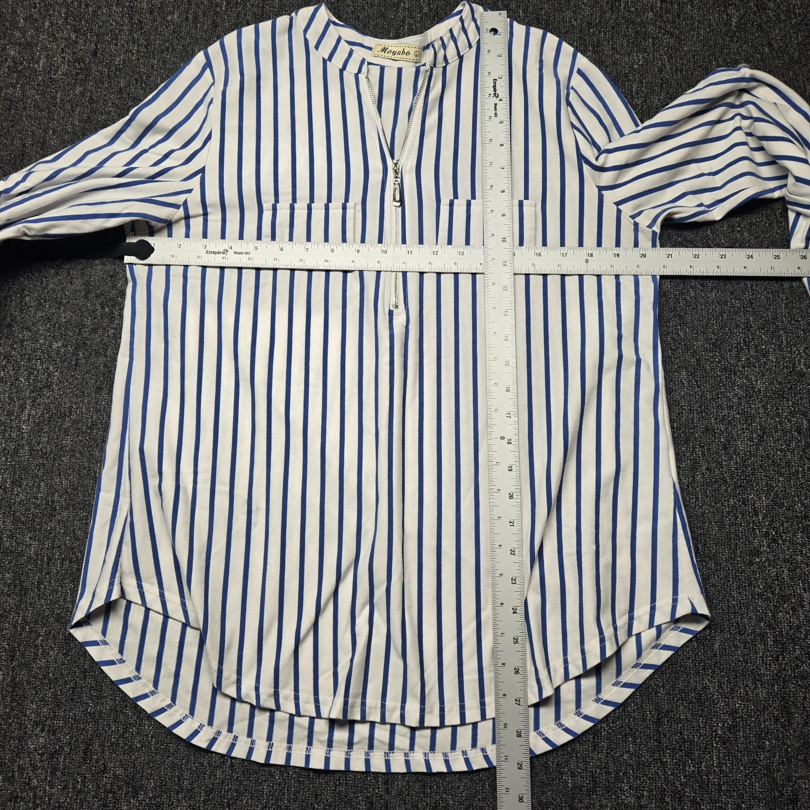 Moyabo Tunic Shirt Womens Large White Blue Stripe Half Zip 3 4 Roll Tab Sleeve