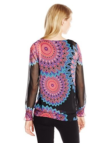 Desigual Women’s Black Sheer Chiffon Blouse M – Mandala Print Long Sleeve