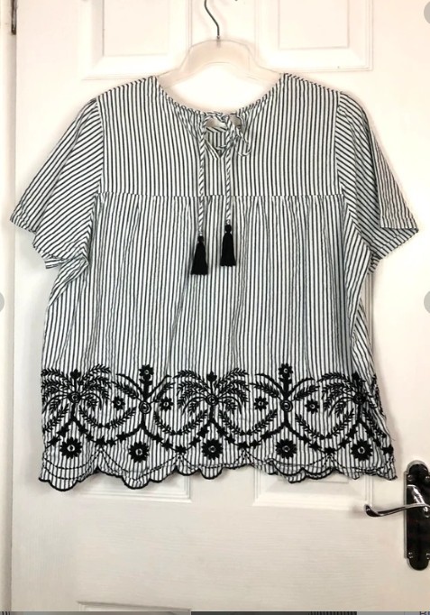 Apricot Womens Blue & White Striped & Embroidered 100% Cotton Blouse Size 16 uk