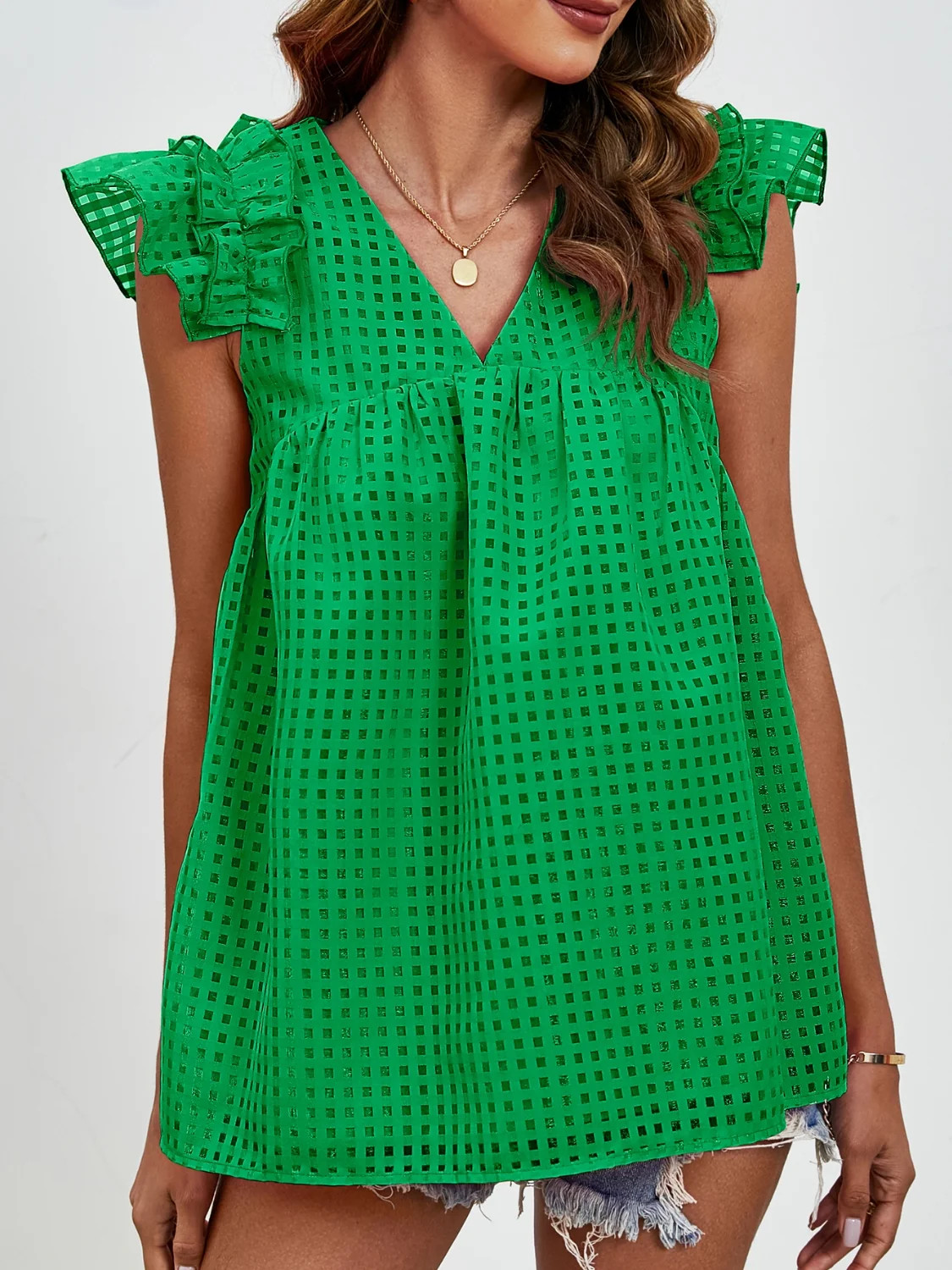 Women Ruched V-Neck Cap Sleeve Blouse