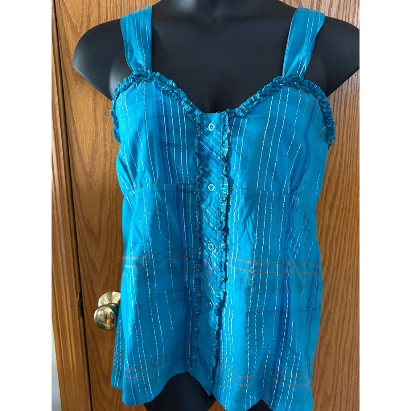Lagoon Turquoise blue plaid Ruffled Button-Front Camisole.