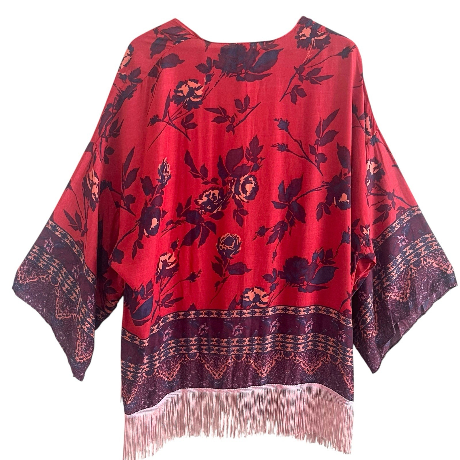 Boho Floral Fringe Kimono Duster M Festival Gypsy Cardigan Layer Cover up NWT