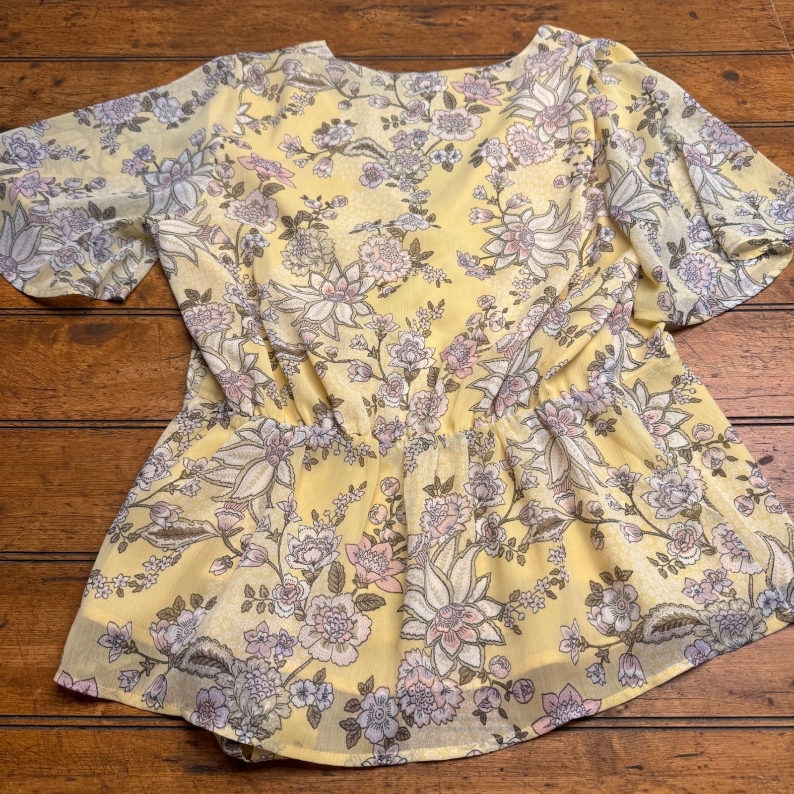 Pelepone Yellow Floral Wrap Peplum Blouse Bell Sleeve M