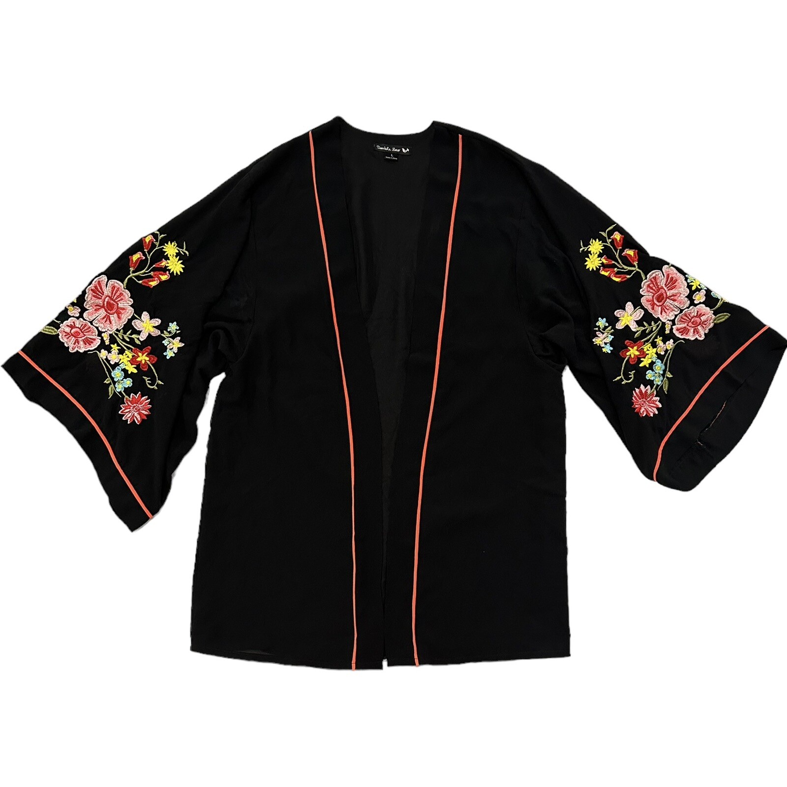 Double Zero Floral Embroidered Black Layered D Jacket Kimono Large Red Accent