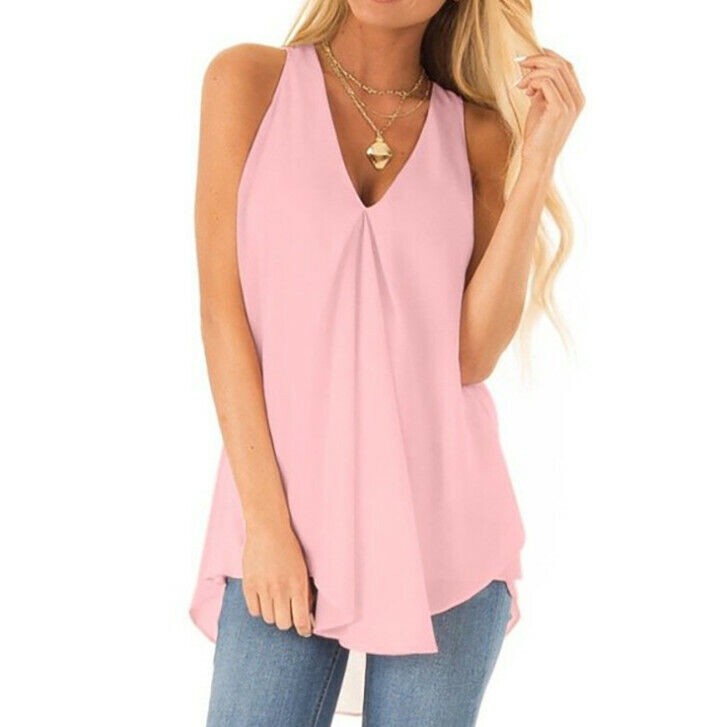 Women Chiffon Casual Loose Sleeveless Blouse V Neck Summer Tunic Tank Tops Shirt