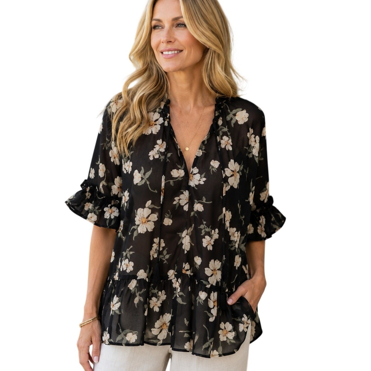 Umgee Floral Ruffle Top Womens Small Black Ivory Sheer Peplum Boho Tassels