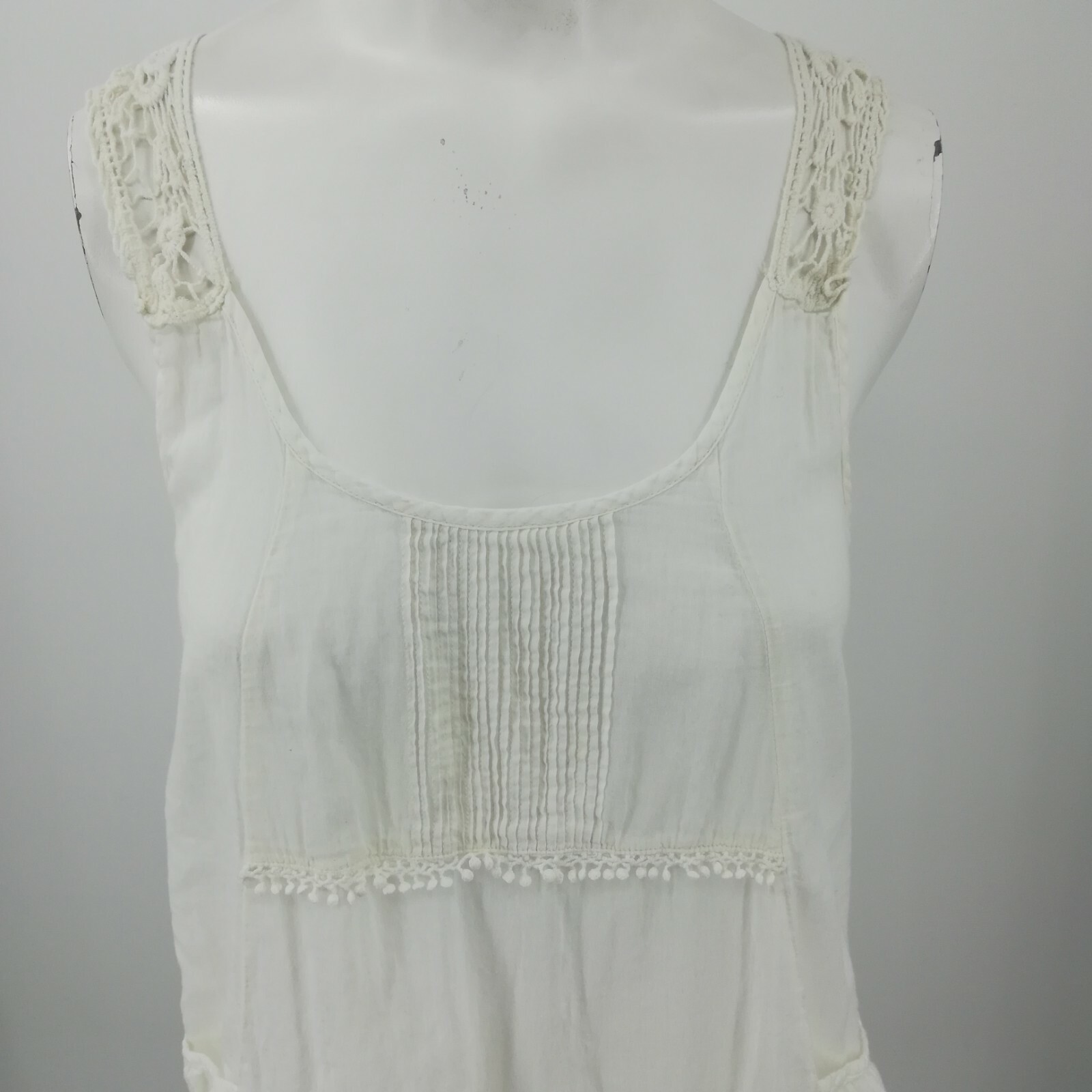 Hippie Laundry Sheer Tank Top Size M Crochet Straps Decorative Back Poms Boho