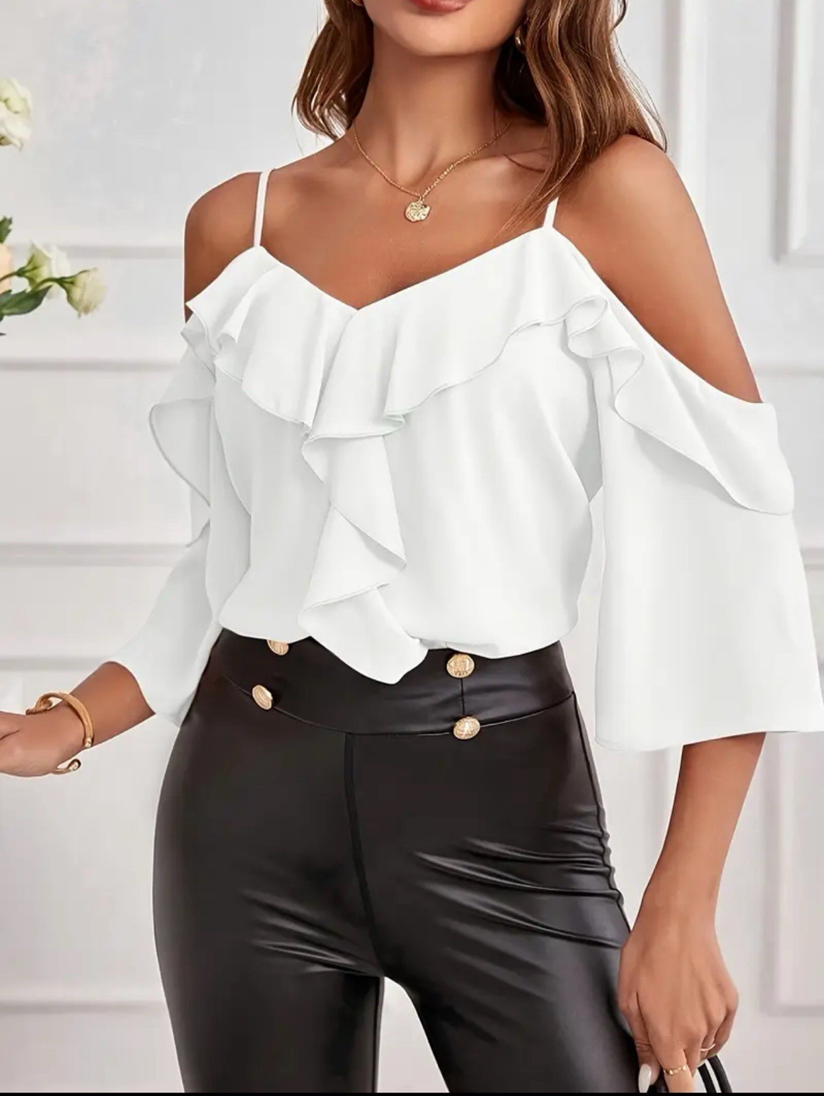 Women’s Cold Shoulders White Ruffle Trim Short Sleeve Elegant Blouse Size 14