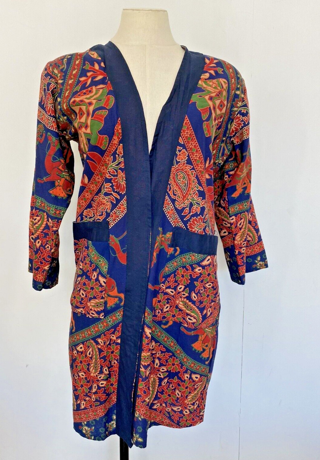 Women’s Indian Tunic Robe Smoking Jacket Pockets 3/4 Sleeves Boho *No Belt – S