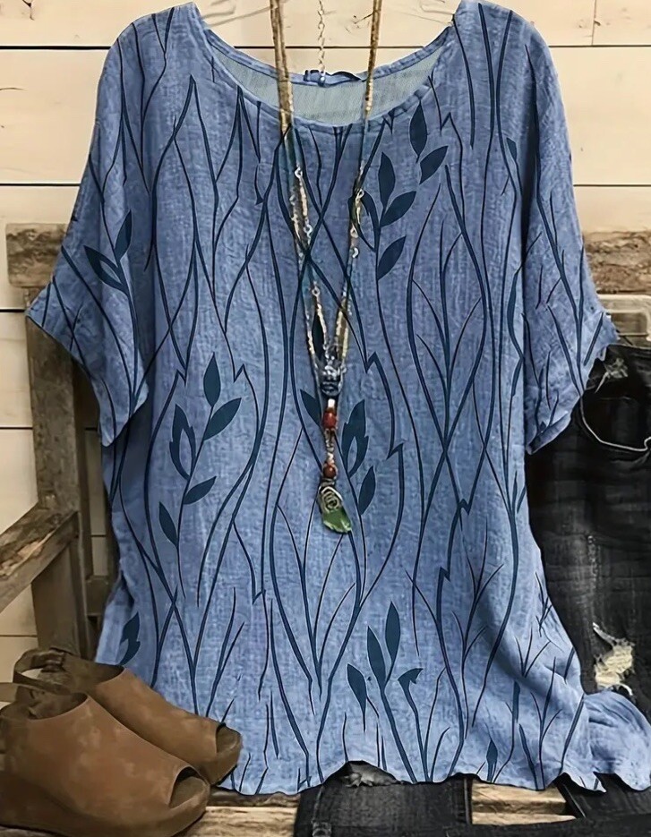 Plus Size 28 6x Blue Leaves Loose Blouse- True To Size – Light Sweater Feel