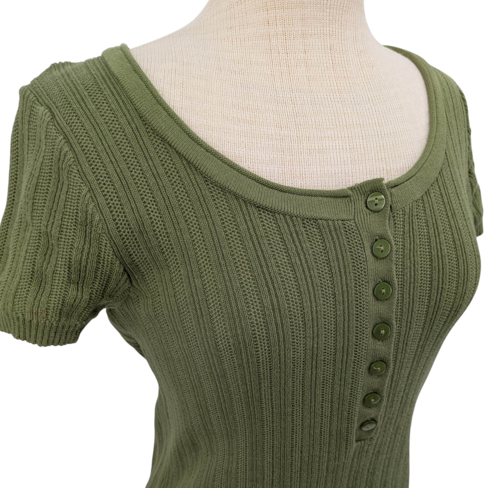 Vintage Y2K Green Rib Knit Henley Shirt M Stretch Bella Swan Fairy Grunge NWT