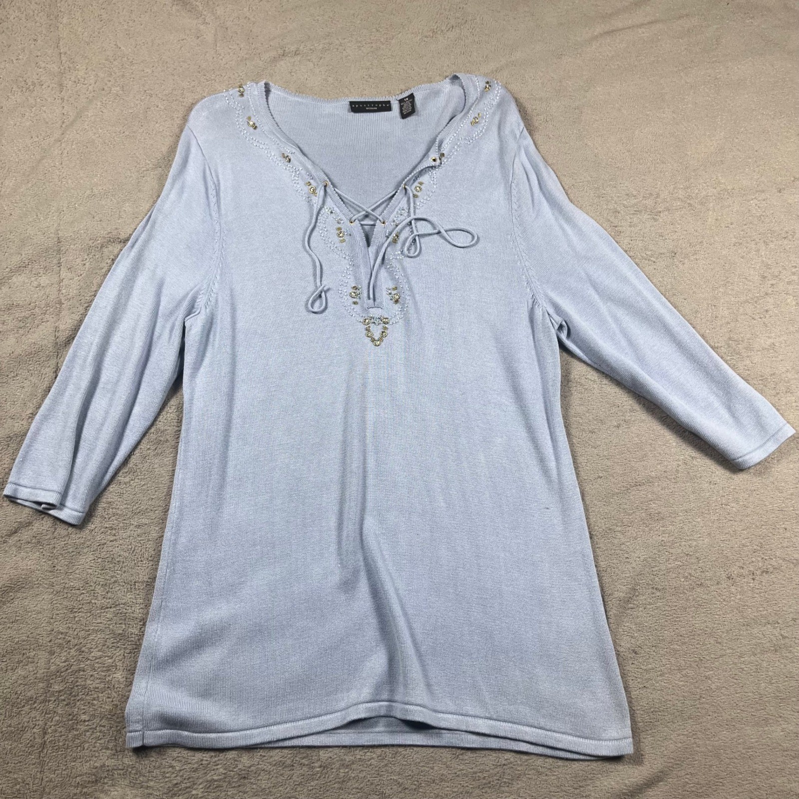 Apostrophe Woman Blue Beaded Lace Up V-Neck Tunic Sweater 1X Rayon 3/4 Sleeve