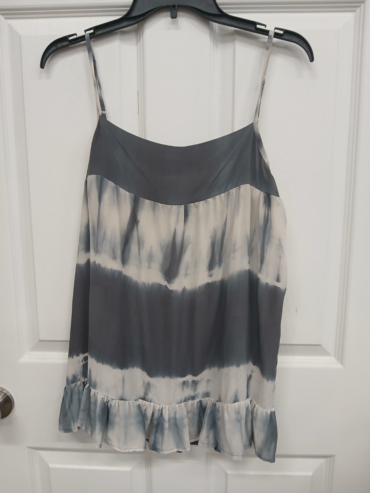 525 America 100% Silk Blue White Tie Dye Strappy Ruffle Baby Doll Tank L