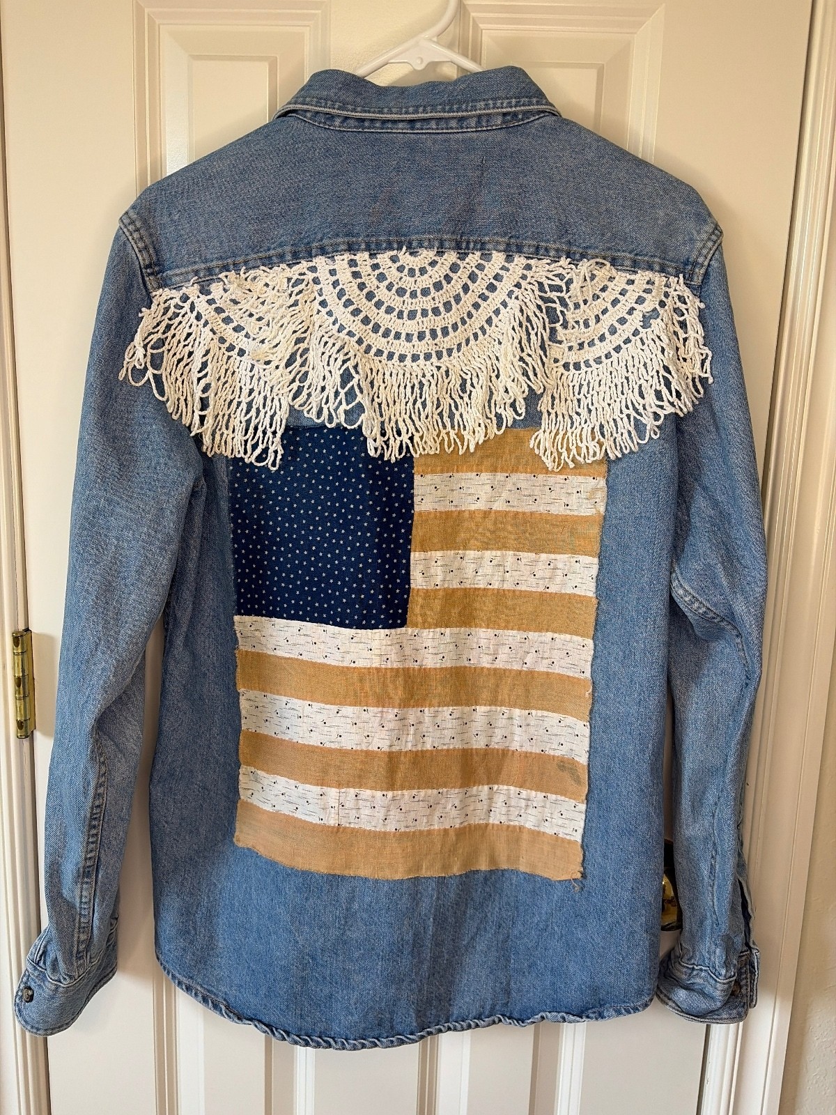 Upcycled Denim Work shirt with an Americana design size small