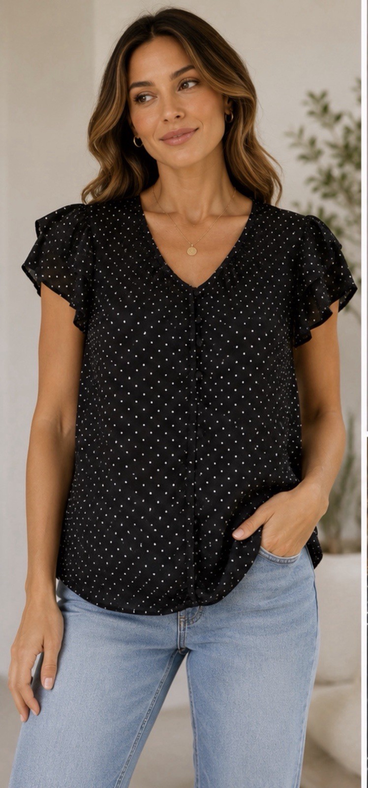 Black White Polka Dot Flutter Sleeve Blouse