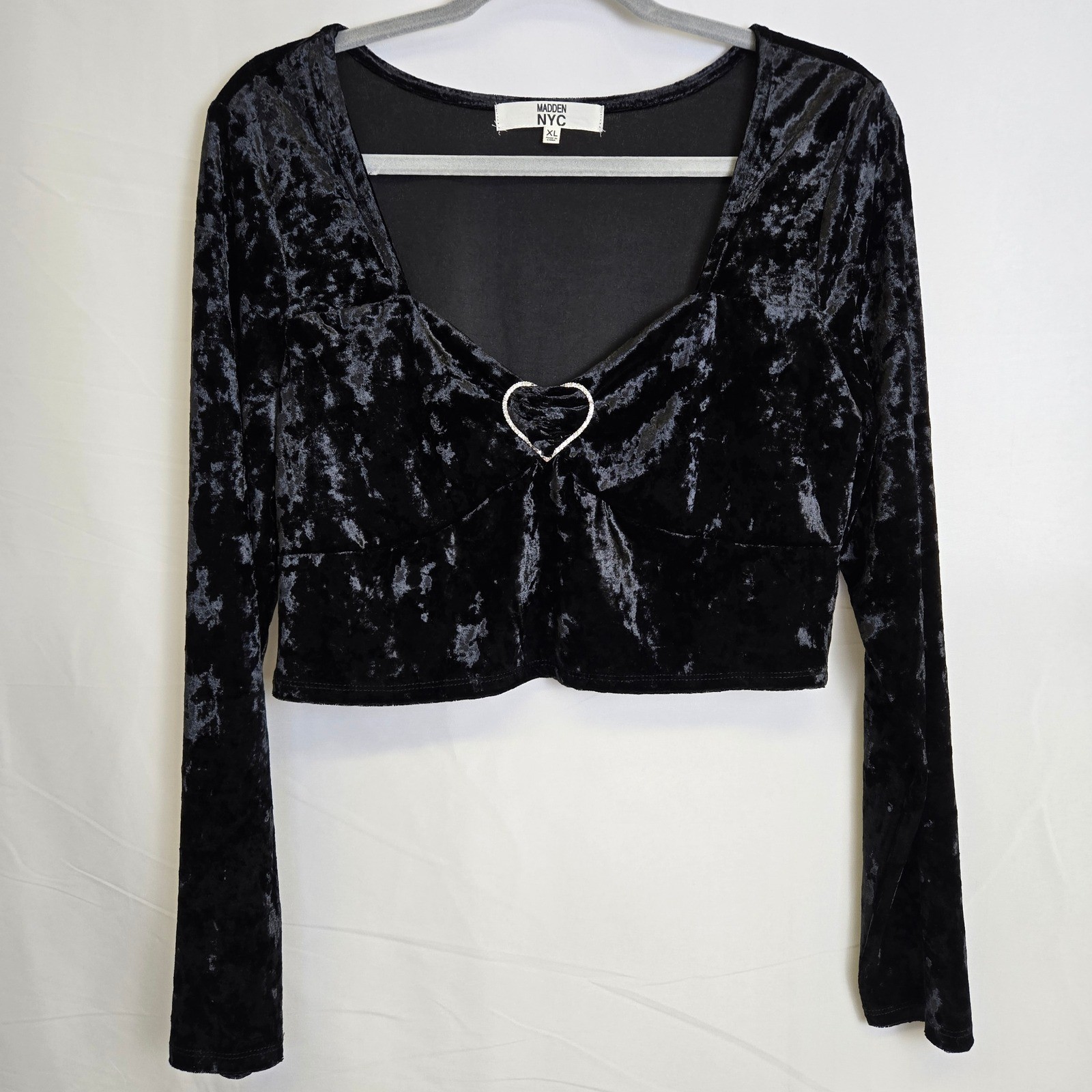 Madden NYC Velour Crop Top With Rhinestone Heart, Black, Juniors Size XL